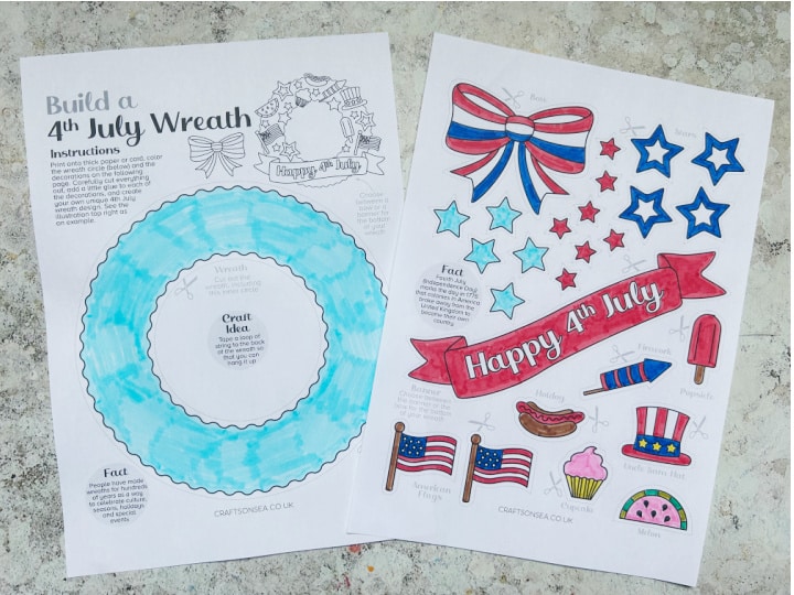 colored in Fourth of July wreath craft printable