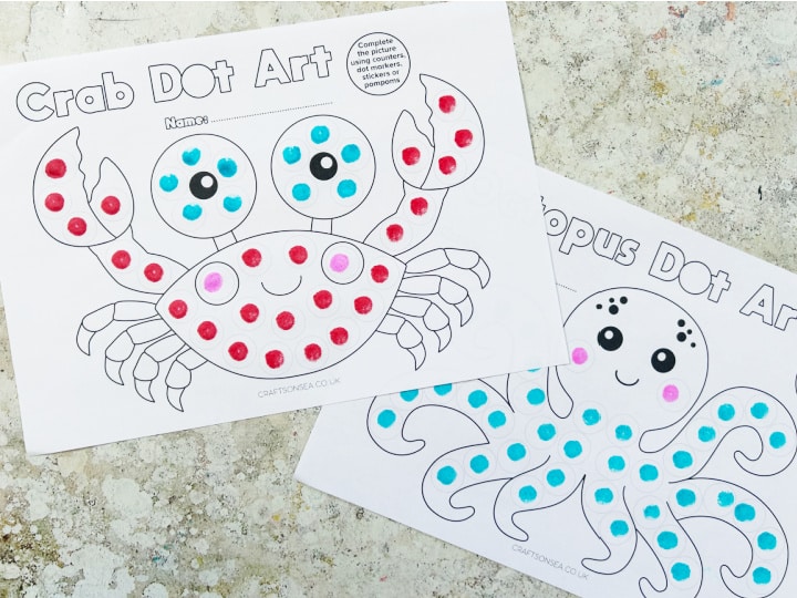 Completed ocean dot marker printables with crab and octopus designs