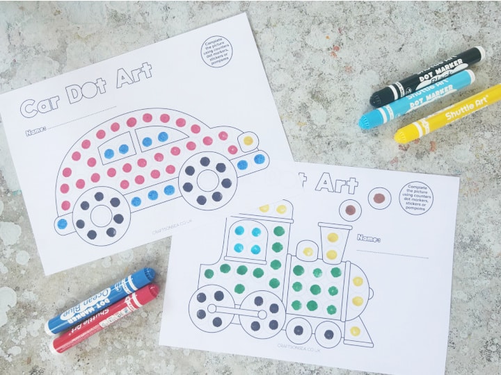Completed vehicle dot marker printables with colorful transportation designs
