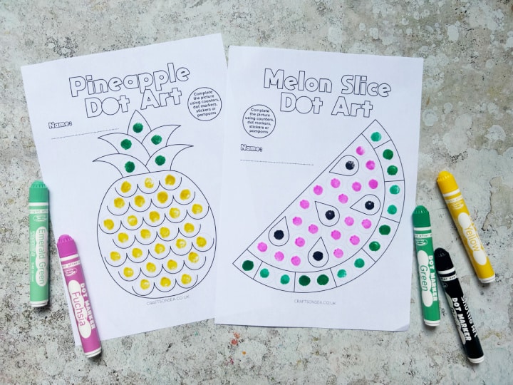 Completed fruit dot marker printables with colorful pineapple and watermelon designs