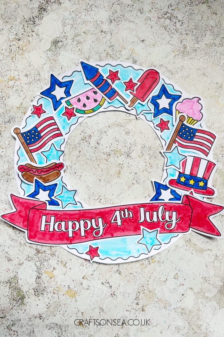 printable cut and paste Fourth of July wreath craft for kids