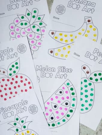 Fruit dot marker printables free PDF with apple banana berry pear pineapple and watermelon designs