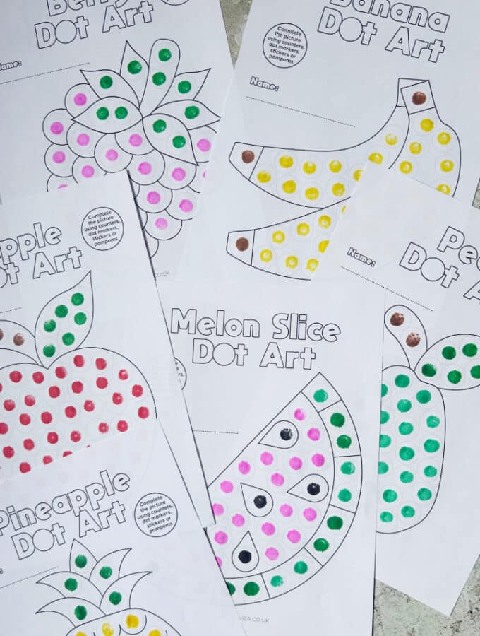Fruit dot marker printables free PDF with apple banana berry pear pineapple and watermelon designs