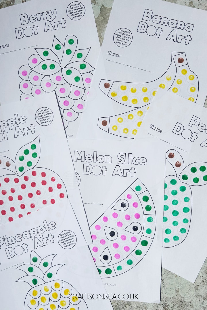Fruit dot marker printables free PDF with apple banana berry pear pineapple and watermelon designs
