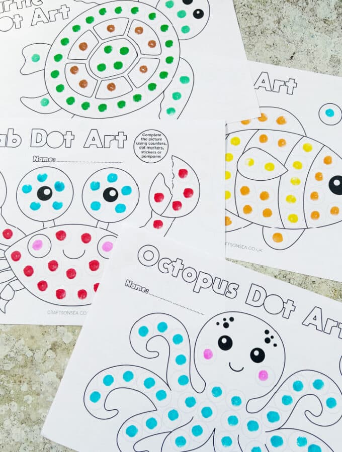Ocean dot marker printables free PDF with fish crab octopus and sea turtle designs