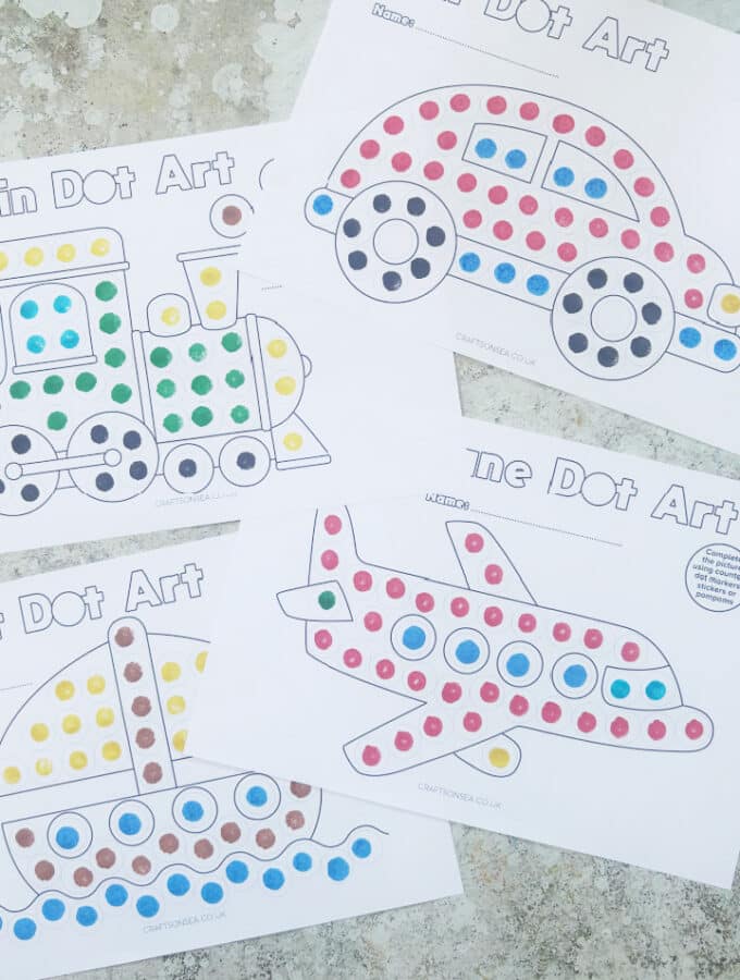 Vehicle dot marker printables free PDF with car train boat and airplane designs