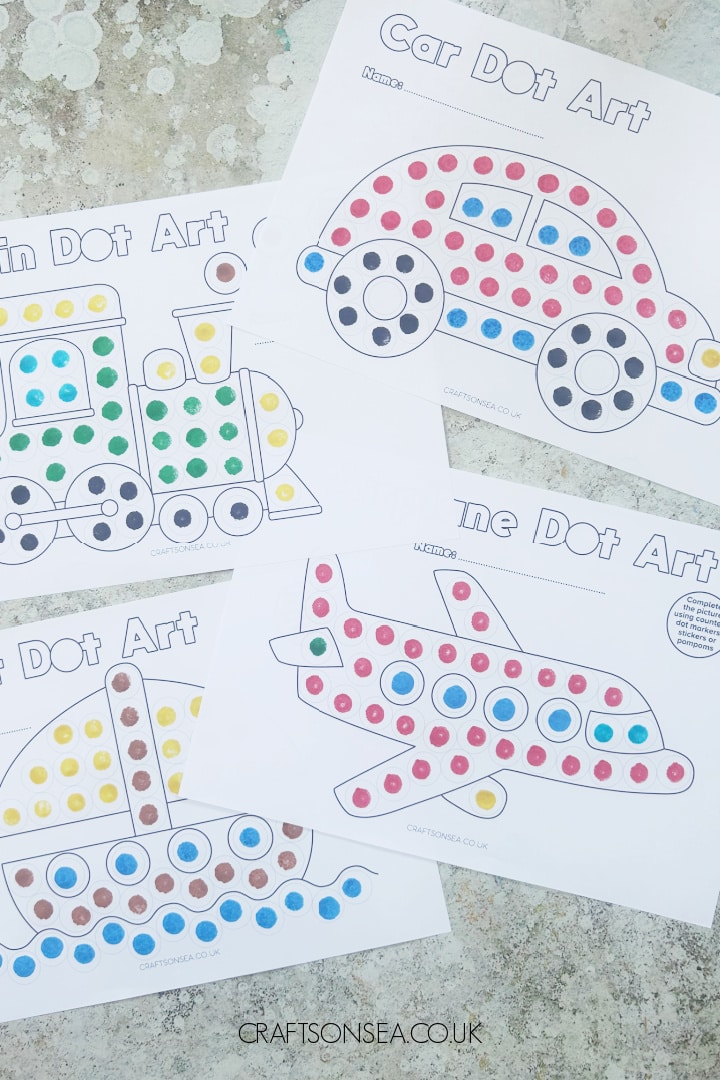 Vehicle dot marker printables free PDF with car train boat and airplane designs