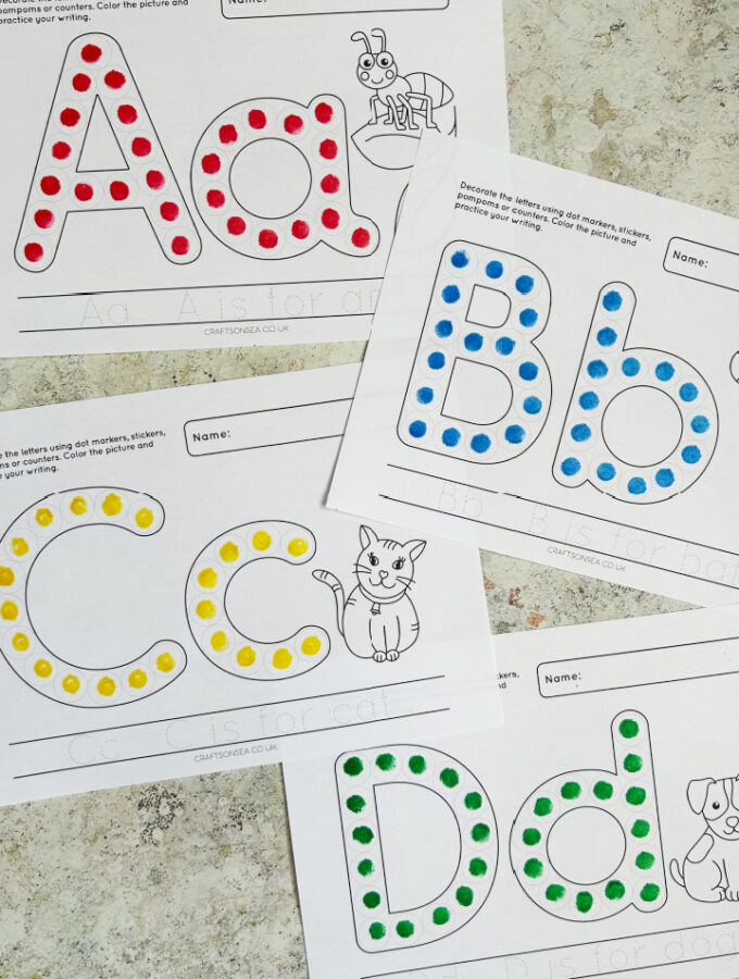 Free alphabet dot marker printables featuring uppercase and lowercase letters
