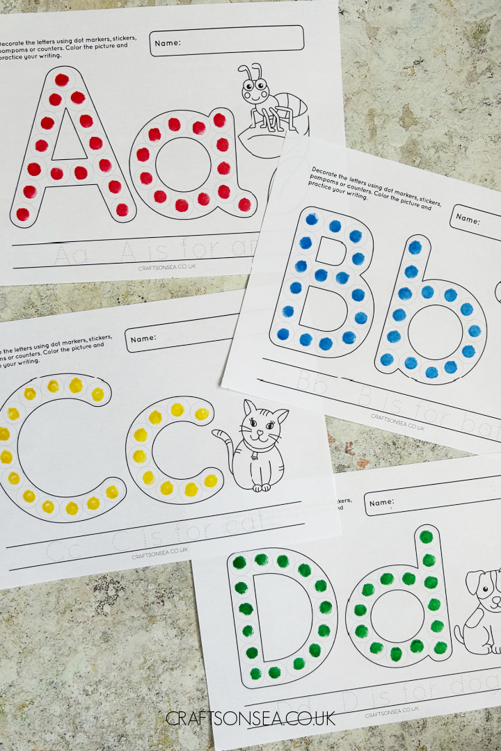 Free alphabet dot marker printables featuring uppercase and lowercase letters