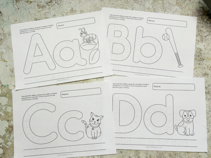 Preview of alphabet dot marker worksheets showing letters A to D