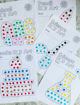 Back to school dot marker printables free PDF with letters numbers pencil books scissors and science beaker