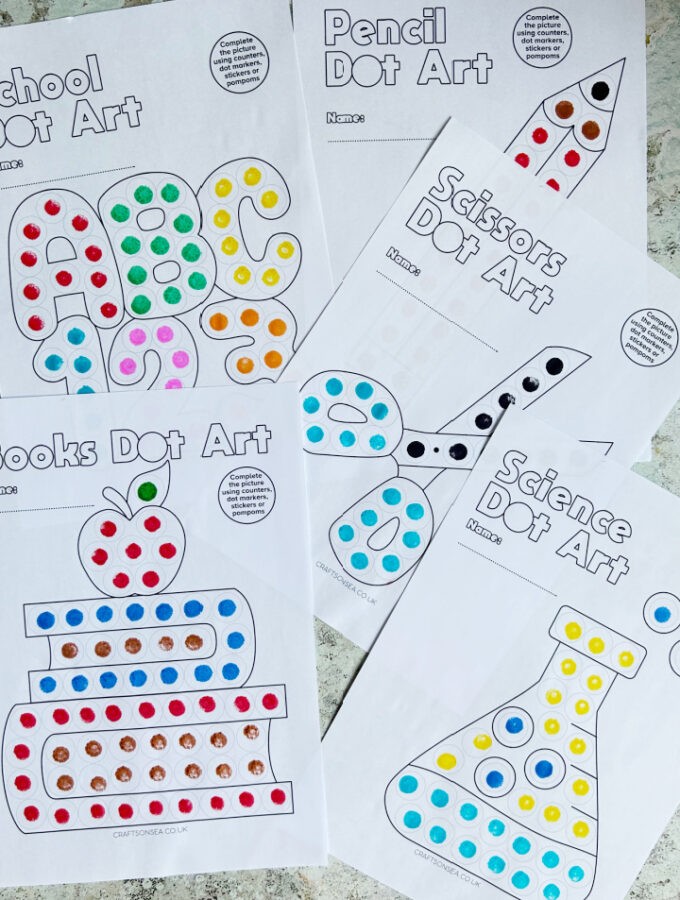 Back to school dot marker printables free PDF with letters numbers pencil books scissors and science beaker