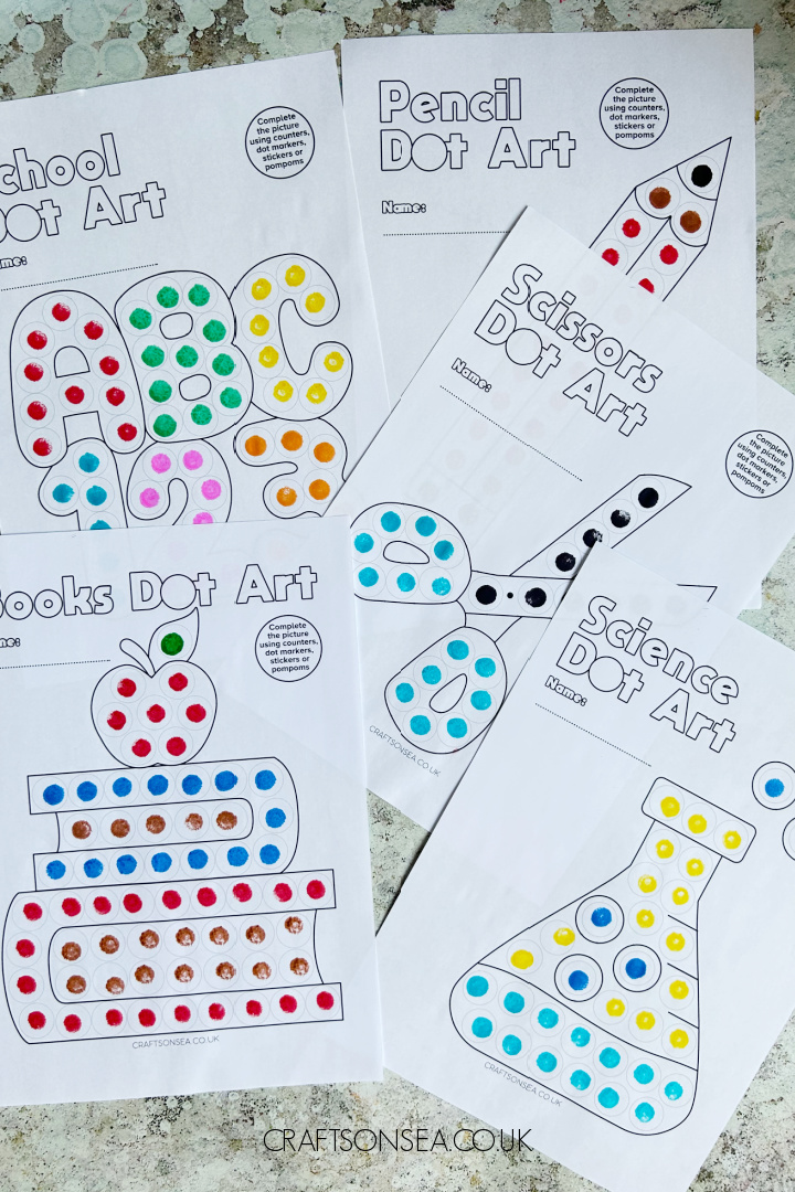 Back to school dot marker printables free PDF with letters numbers pencil books scissors and science beaker