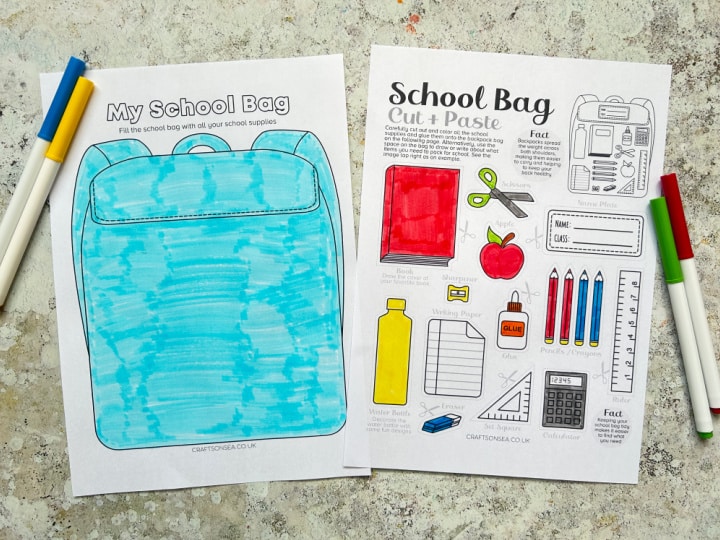 Colored in My School Bag printable with school supplies ready to cut out