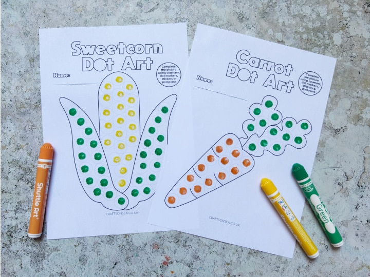 Completed sweetcorn and carrot dot marker printables