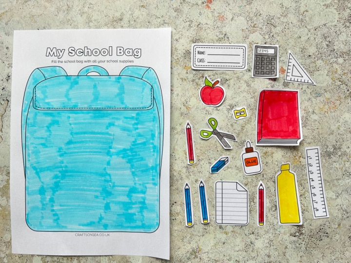 Printable school supplies cut out for the My School Bag activity