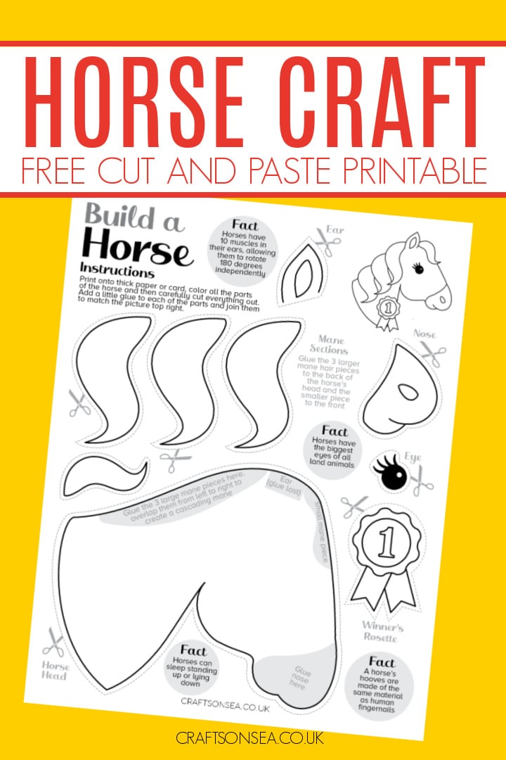 Printable horse craft template with horse head, mane and rosette