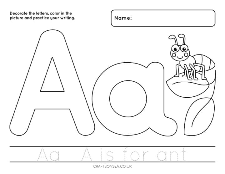 Letter A alphabet coloring page with uppercase and lowercase letters, ant picture and handwriting practice