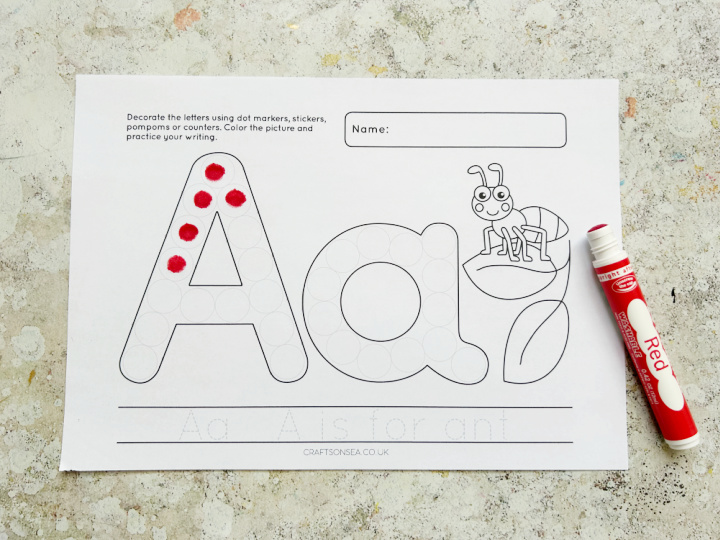 Letter A dot marker activity in progress with ant picture