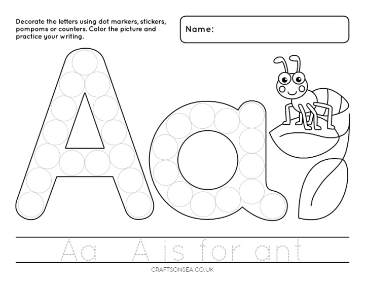 Letter A dot marker printable with uppercase and lowercase A, ant colouring picture and handwriting practice