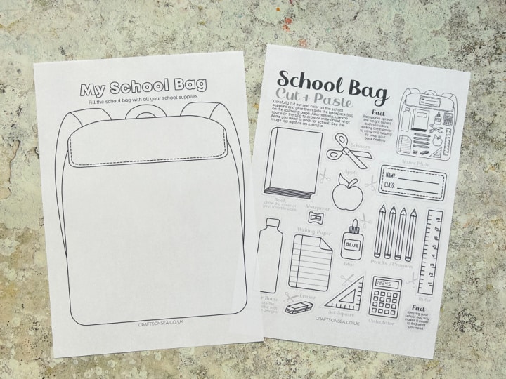 Printed My School Bag cut and paste activity ready to color