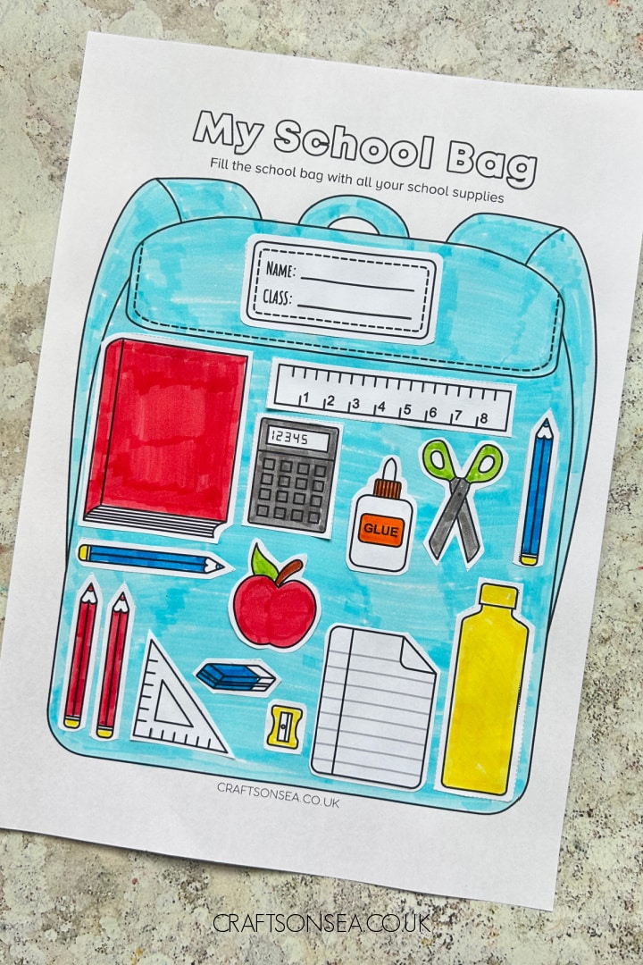 My School Bag cut and paste activity with printable school supplies