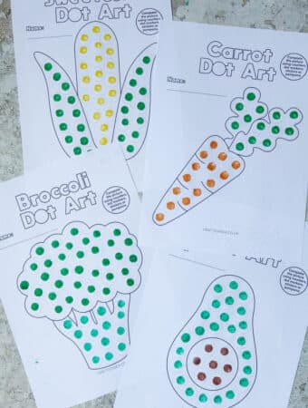 Vegetable dot marker printables free PDF with carrot avocado sweetcorn and broccoli designs