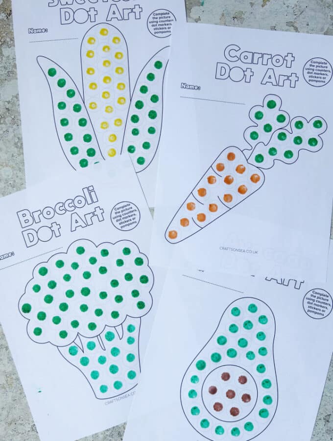 Vegetable dot marker printables free PDF with carrot avocado sweetcorn and broccoli designs