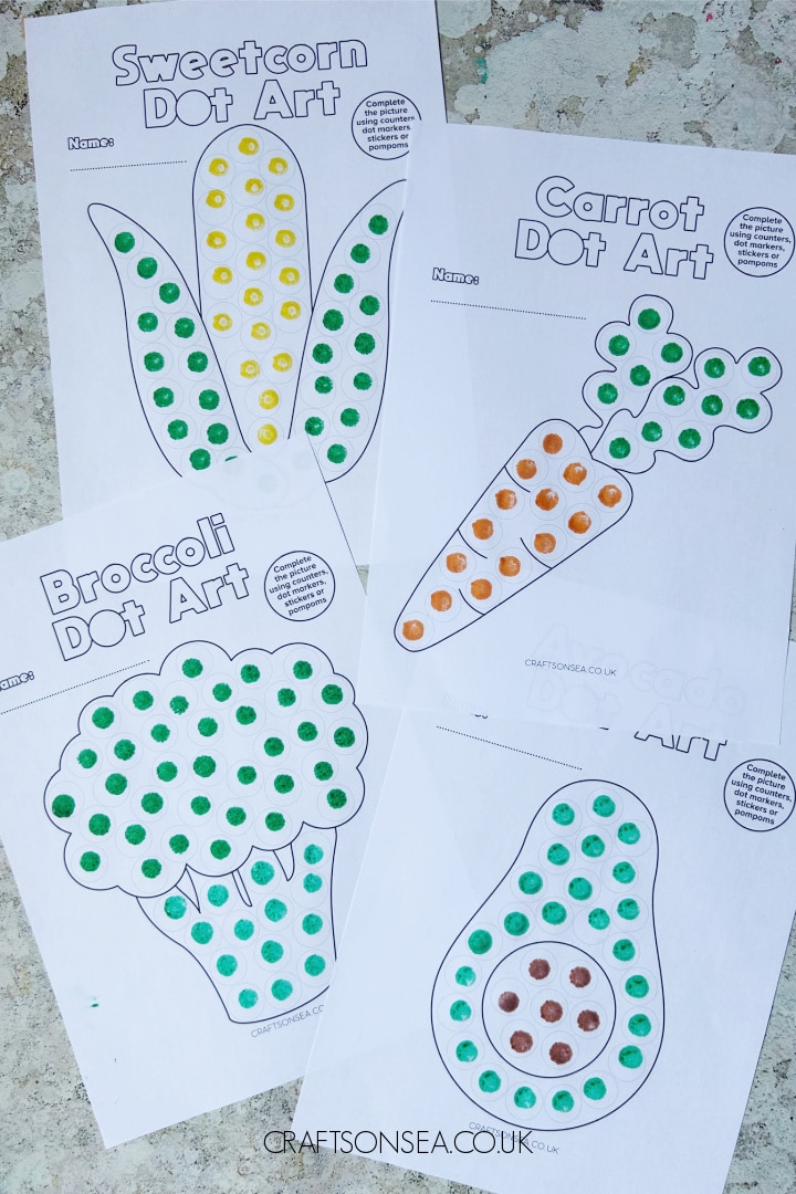 Vegetable dot marker printables free PDF with carrot avocado sweetcorn and broccoli designs
