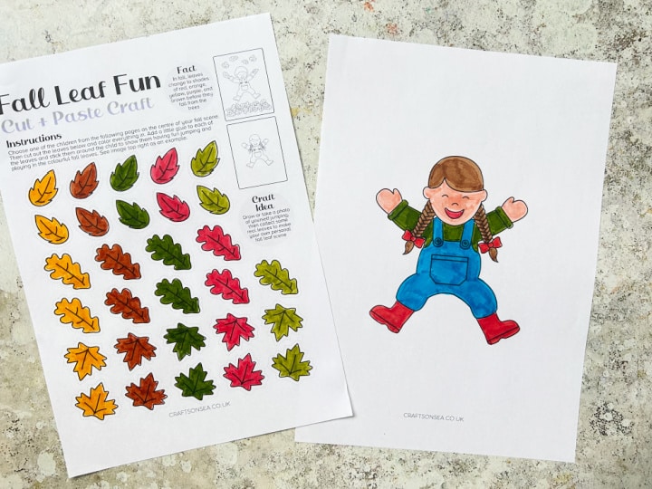 colored in fall leaves and picture of child for cut and paste craft