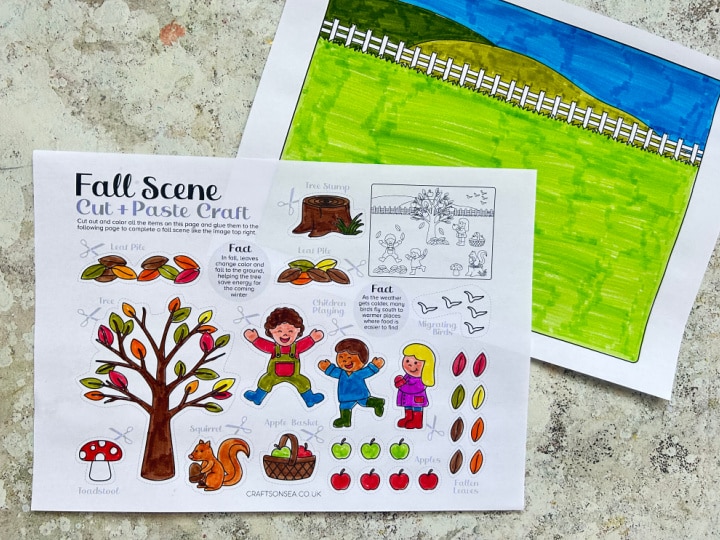 colored in pages of the fall scene printable