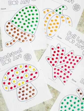 free fall dot marker printables with leaf, acorn, pumpkin, apple and toadstool designs for kids