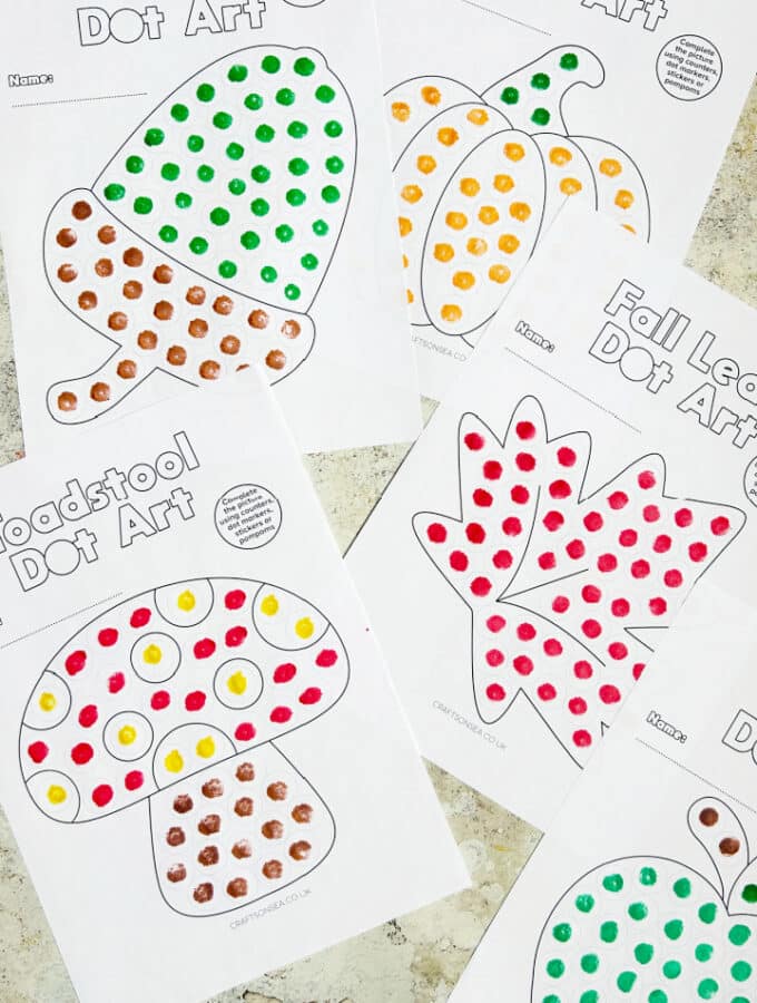 free fall dot marker printables with leaf, acorn, pumpkin, apple and toadstool designs for kids
