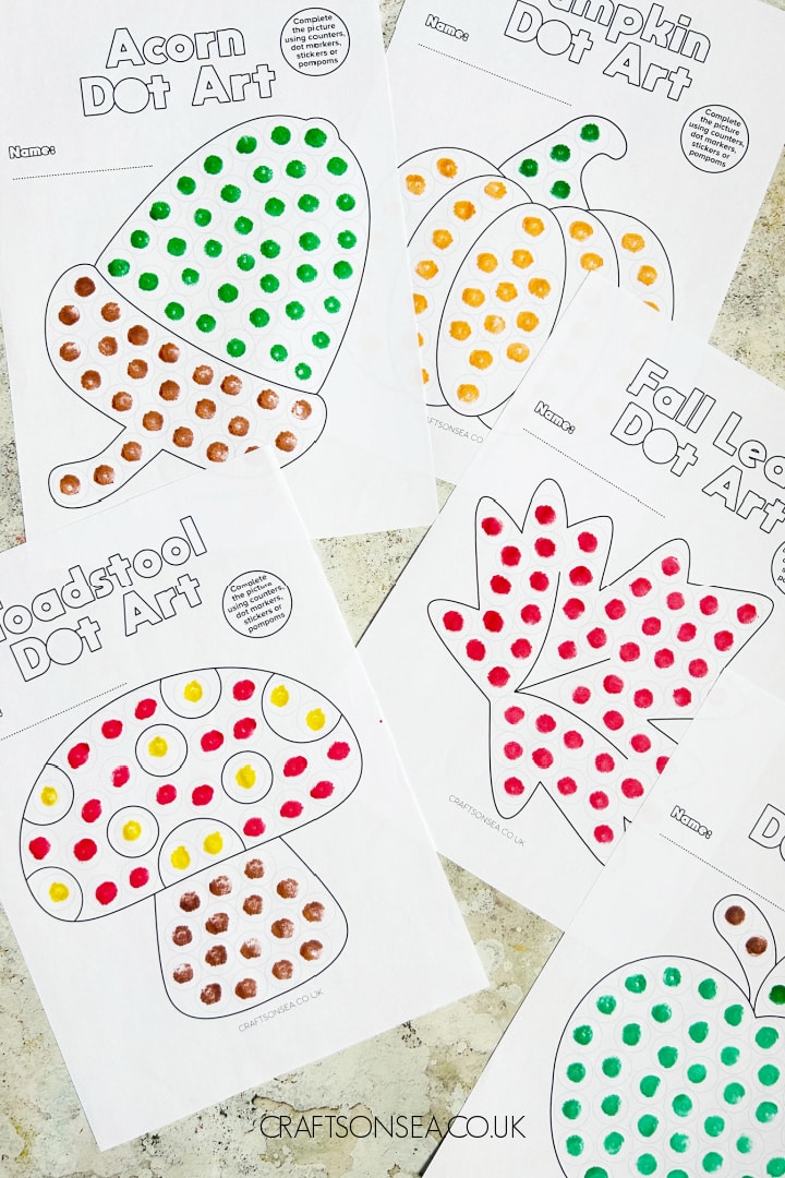 free fall dot marker printables with leaf, acorn, pumpkin, apple and toadstool designs for kids