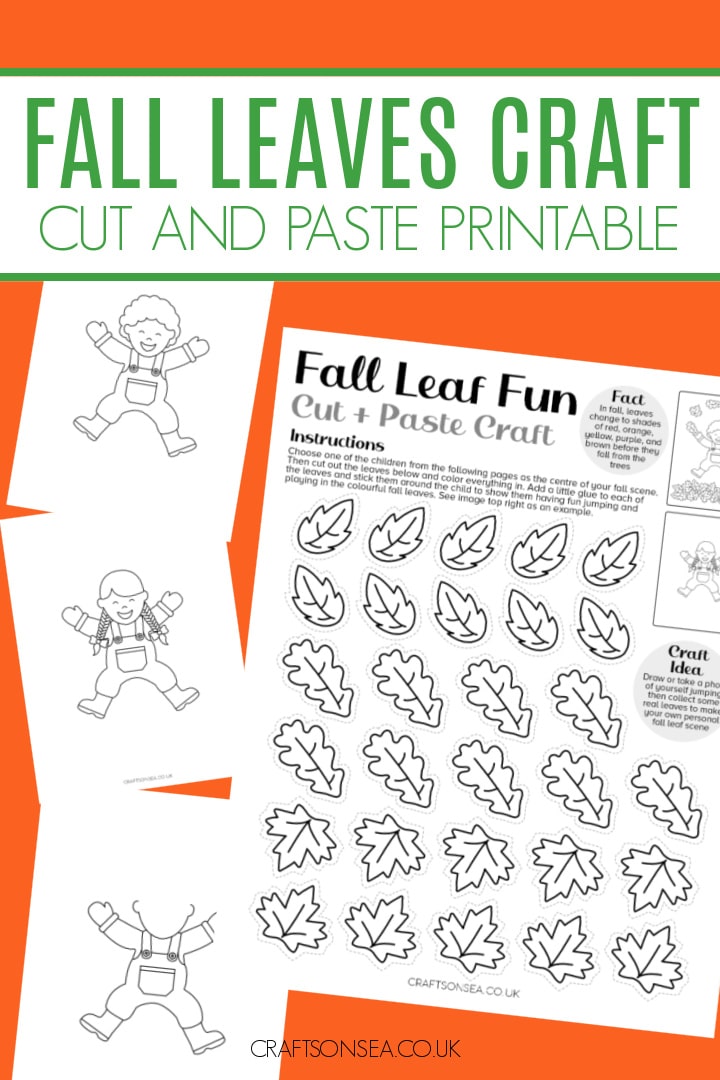 fall leaves cut and paste printable PDF with leaves and children jumping