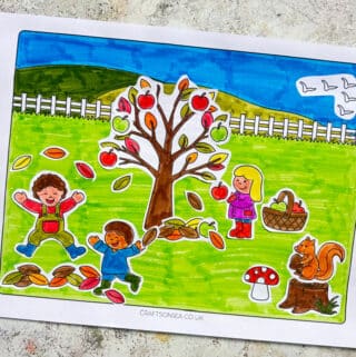 fall scene cut and paste with children, fall tree, squirrel, apples and leaves