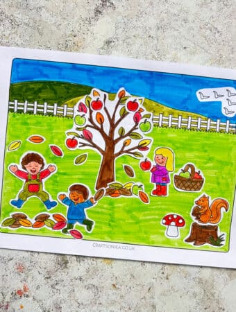 fall scene cut and paste with children, fall tree, squirrel, apples and leaves