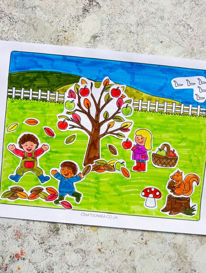 fall scene cut and paste with children, fall tree, squirrel, apples and leaves