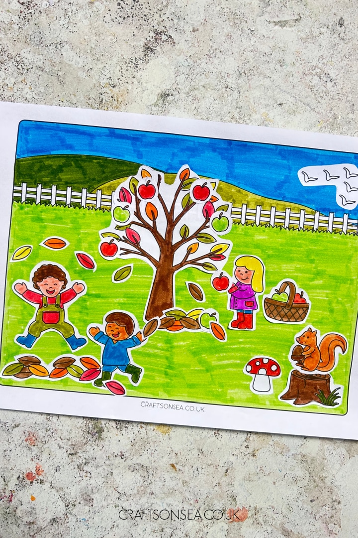 fall scene cut and paste with children, fall tree, squirrel, apples and leaves