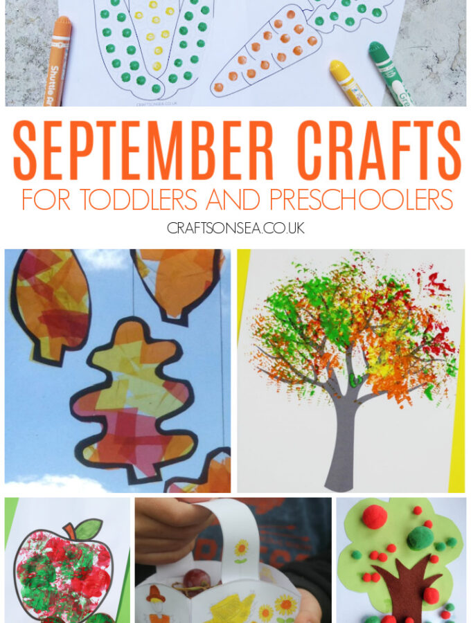 easy september crafts for toddlers and preschoolers with fall leaves, trees, apples, scarecrows and acorn activities