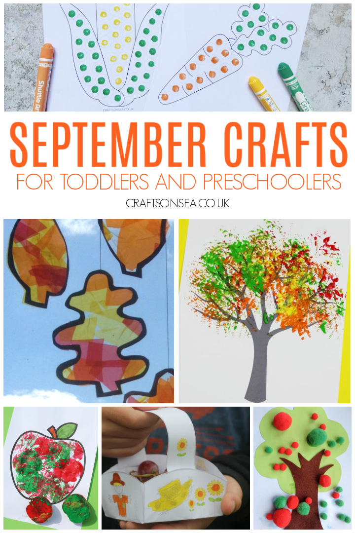 easy september crafts for toddlers and preschoolers with fall leaves, trees, apples, scarecrows and acorn activities