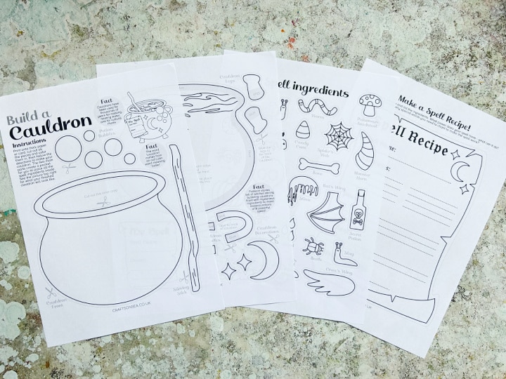 build a cauldron craft printable on white paper with spell ingredients and spell recipe sheet
