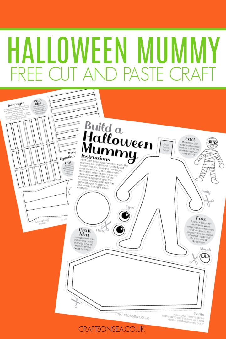 cut and paste mummy craft printable with mummy bandages and coffin pieces