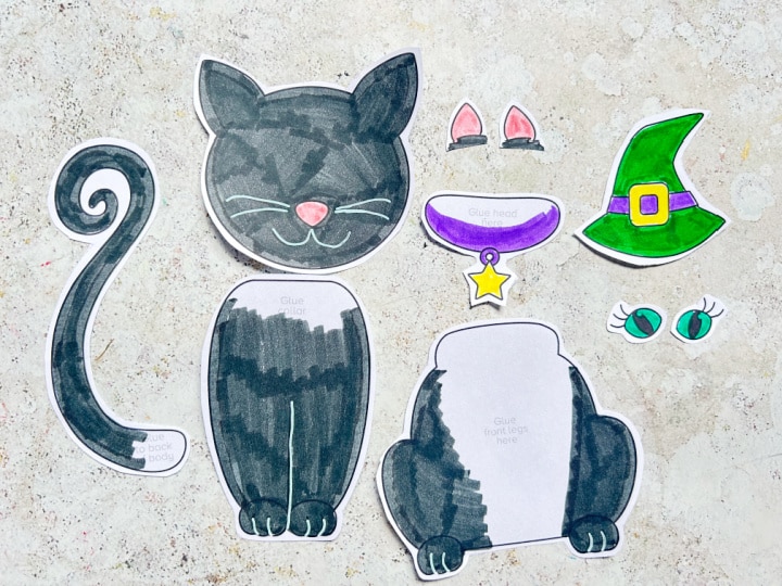 cut out pieces for a witch's cat craft