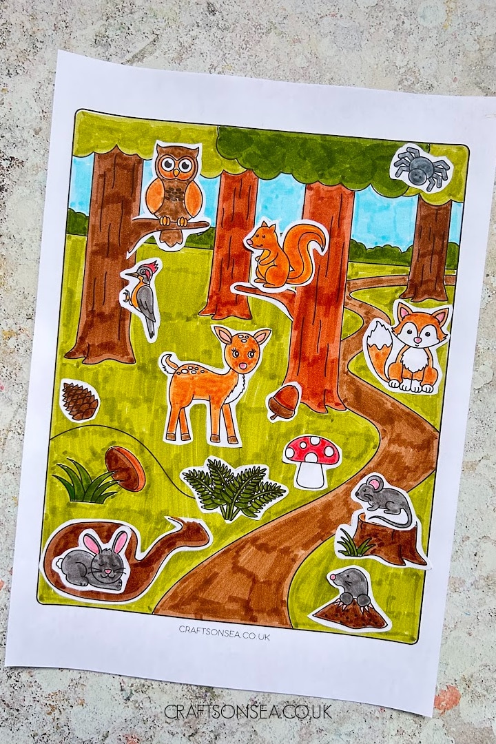 printable forest animals craft with deer, fox, squirrel and other woodland creatures
