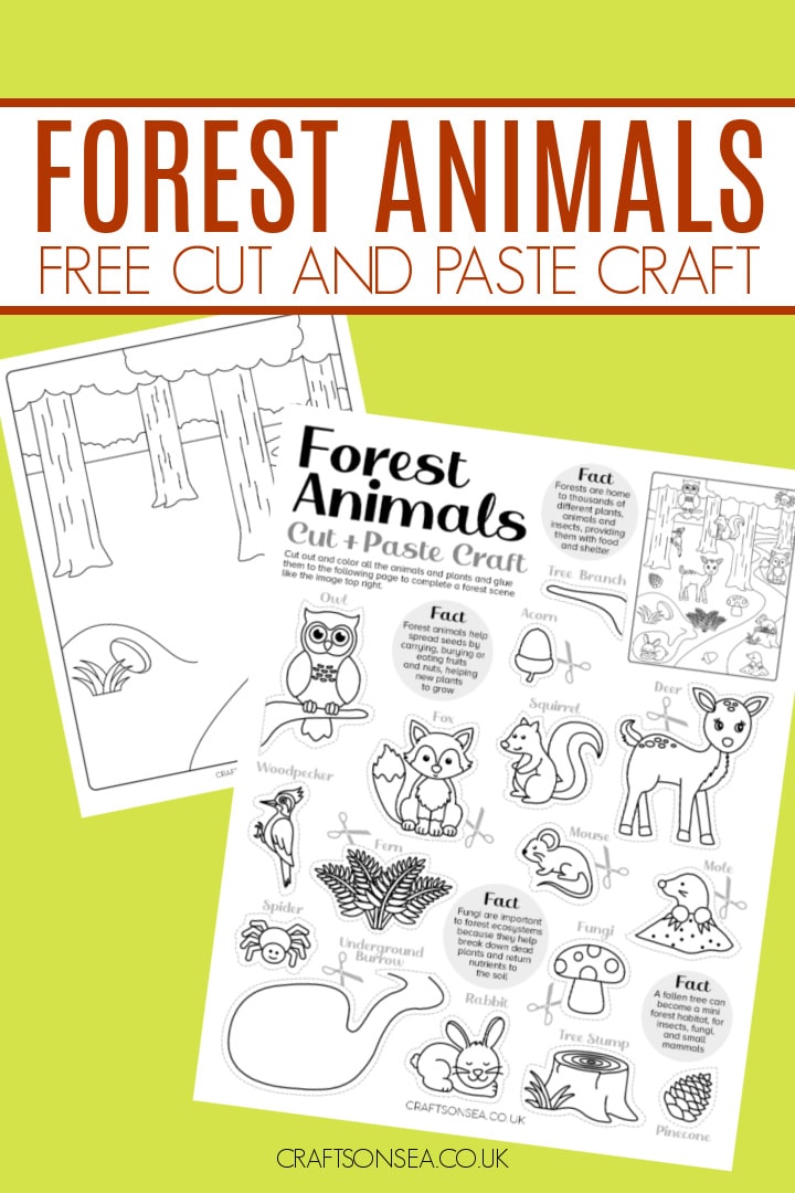 forest animals cut and paste printable with a woodland scene