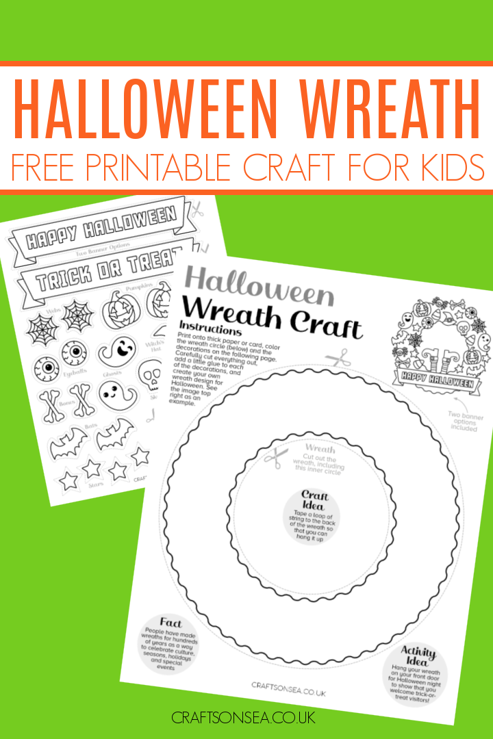 Free printable Halloween wreath template PDF with pumpkins, ghosts, bats and spiders
