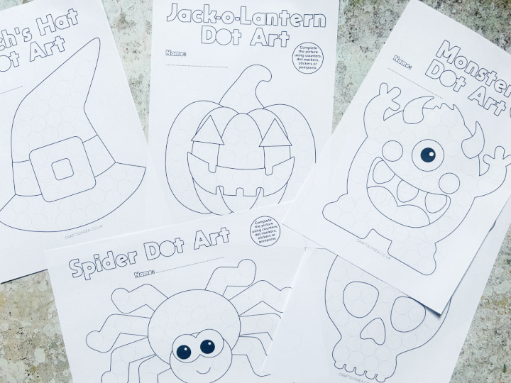 halloween dot a dot templates free designs with a witch's hat, jack o'lantern, monster, spider and skull designs