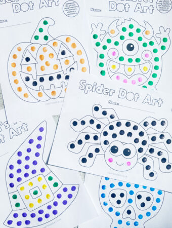 halloween dot marker printables with jack o'lantern, monster, spider, witch's hat and skull dot a dot designs
