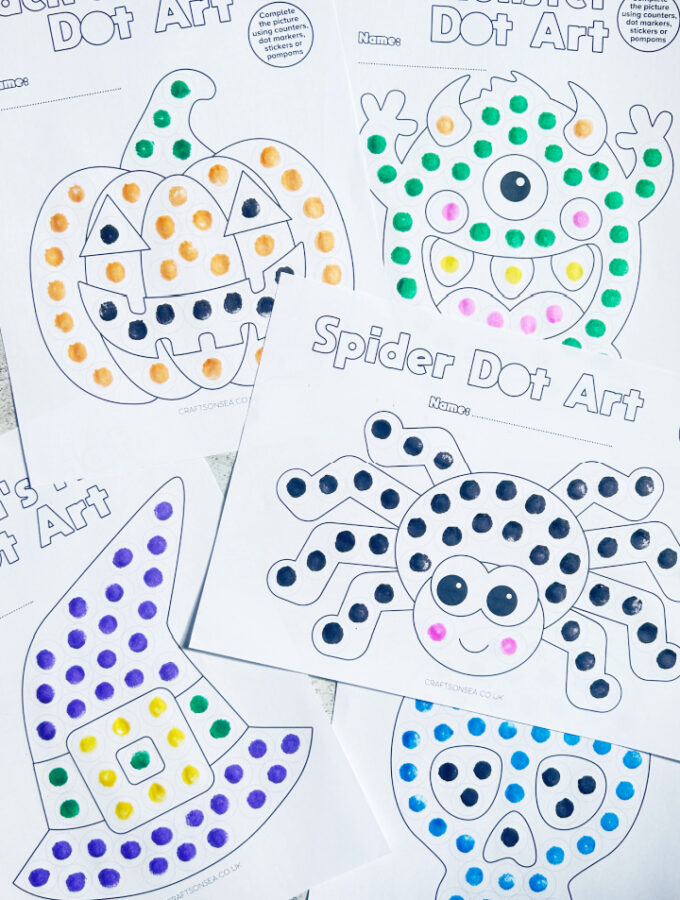 halloween dot marker printables with jack o'lantern, monster, spider, witch's hat and skull dot a dot designs